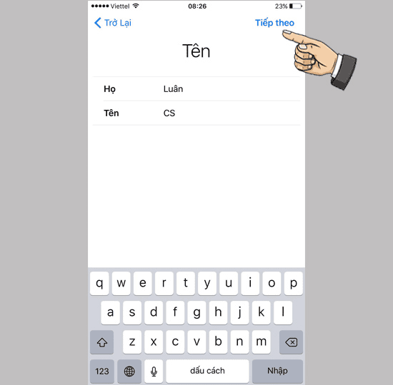 ​Nhập họ tên và chọn tiếp theo
